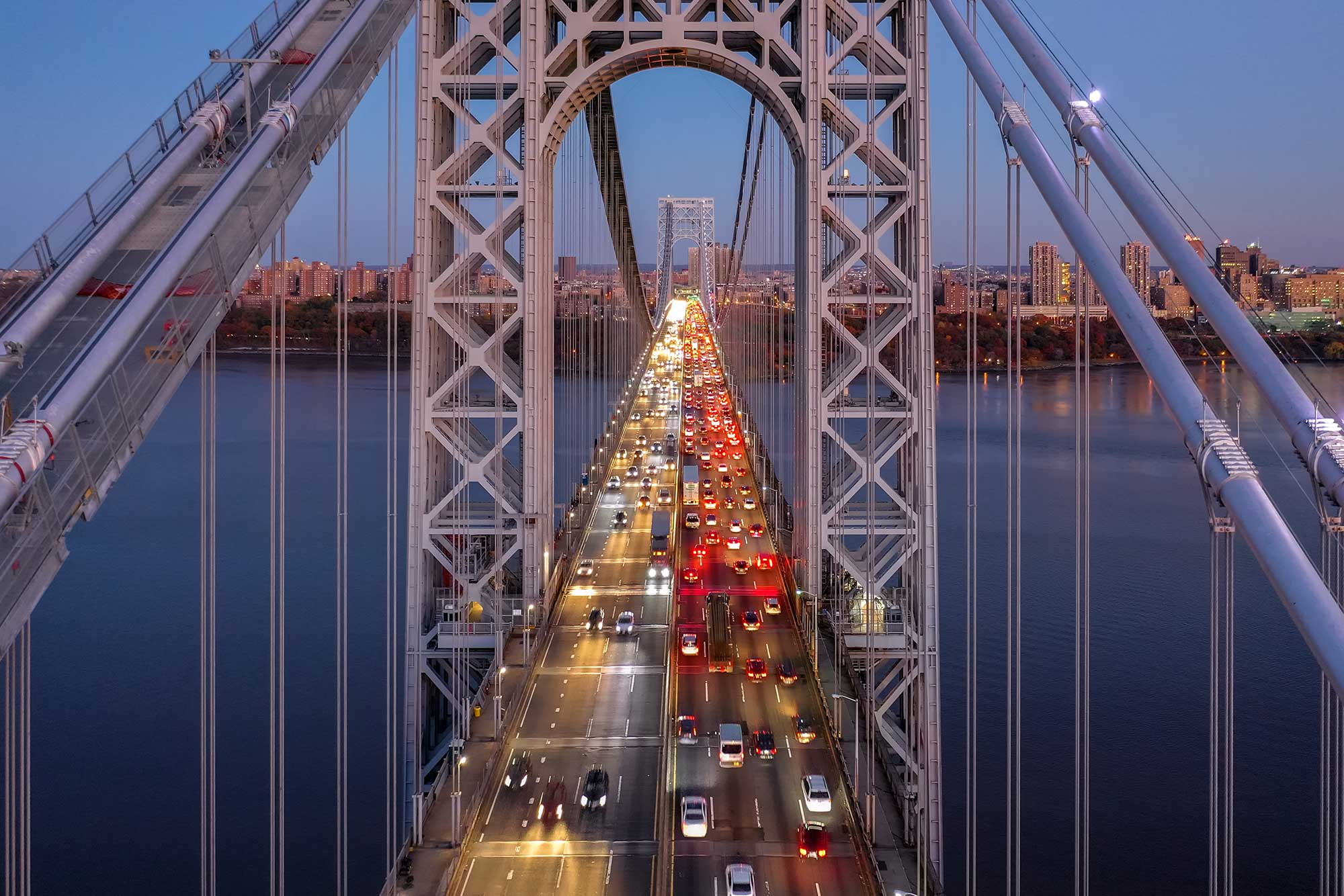 Aerial view of Brooklyn Bridge with heavy traffic 